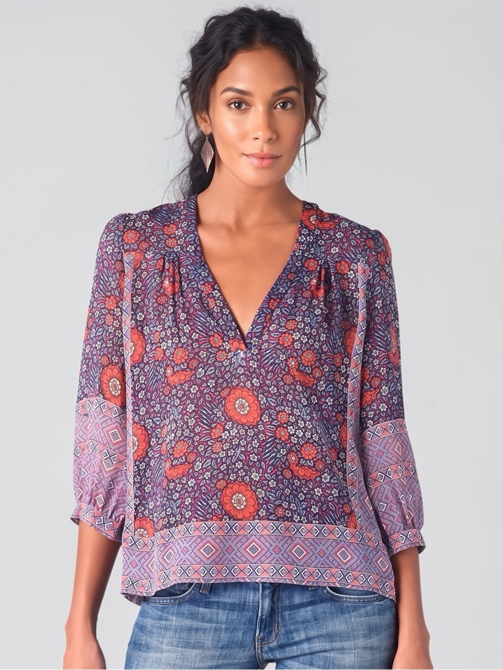 Joie 100% Silk Floral V-Neck Blouse Purple Boho Bohemian Peasant Resort Top XS